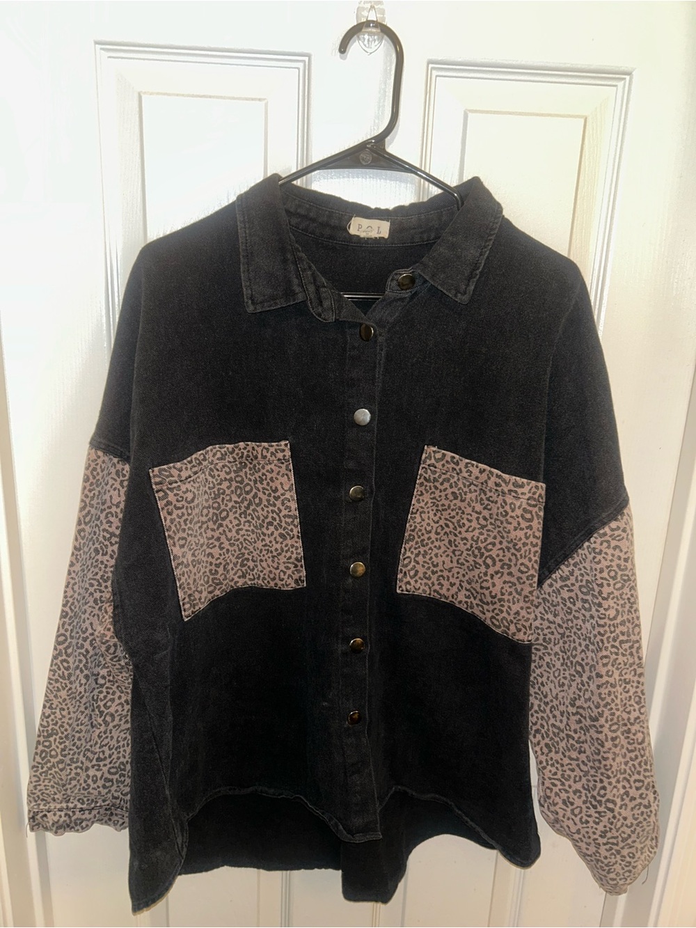POL Black Corduroy Jacket with Leopard-Print Pockets & Sleeves